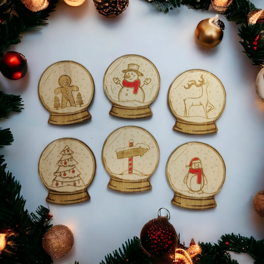 Set of 6 Snow Globes Wooden Coasters - Handmade Gift - Christmas Decor - Wood Kitchenware-0